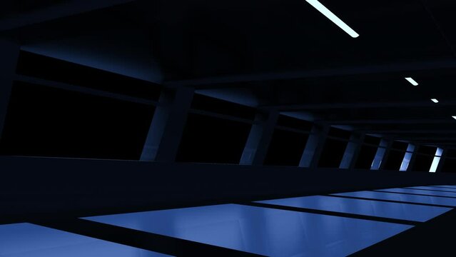 Abstract Tunnel Dark Blue background. 3d render of abstract interior with blue light in the end. Futuristic architecture background, empty corridor. Camera Zoom In.