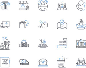Commercial district shopping line icons collection. Boutiques, Malls, Shops, Department stores, Retail, Fashion, Brands vector and linear illustration. Pedestrians,Business,Goods outline signs set