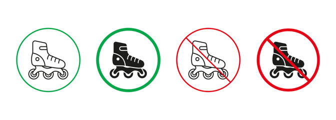 Obraz premium Rollerskate Line and Silhouette Icons Set. Roller Skate Red and Green Signs. Allowed and Prohibited Sports Footwear Pictogram. Skating Zone. Isolated Vector Illustration