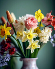 Bouquet of fresh spring flowers, such as tulips, daffodils, and hyacinths, placed in a charming vase.