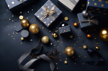 christmas presents on blue background with Christmas balls, modern banner, ai generated