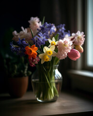 Bouquet of fresh spring flowers, such as tulips, daffodils, and hyacinths, placed in a charming vase.