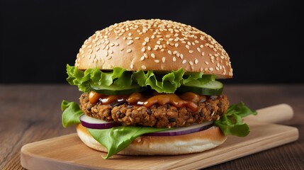 Vegan burger close-up, with microgreens and fresh vegetables on a dark background, close-up. AI generated