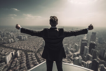 Fototapeta premium 35 year old executive man in a black suit and on his back with outstretched arms looking out over the big city from the rooftop of a skyscraper. Generative AI