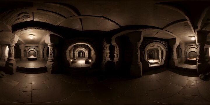 Full 360 degrees seamless spherical panorama HDRI equirectangular projection of Dark Old Vaulted Catacomb Dungeon. Texture environment map for lighting and reflection source rendering 3d scenes.