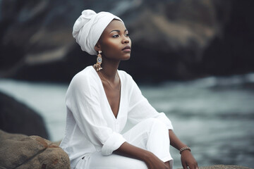Portrait of a African American woman sitting in lotus position on the beach and meditating AI generative art