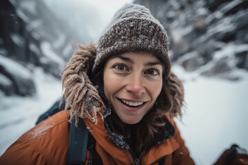 Fototapeta na wymiar A Woman With Dreadlocks Smiles While Standing In The Snow Mountain Trail In Winter Travel Photography Outdoor Gear Generative AI