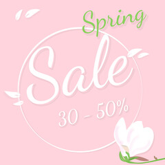 Obraz premium Beutiful delicate pink poster with a magnolia flower and the inscription spring sale. Vector illustration
