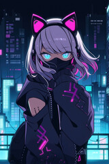 Cyberpunk girl wearing cat ears over night city background with neon lights. Anime style. AI generative