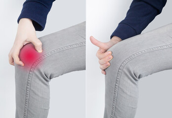 Before and after. Woman has severe knee pain. Ruptured knee tendons, muscles, meniscus injury,...