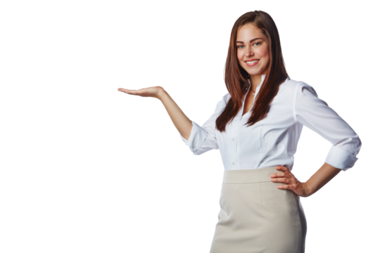 Portrait, happy woman and advertising with hands open for offer, business information and brand coming soon. Female worker, announcement and review of promotion isolated on transparent png background