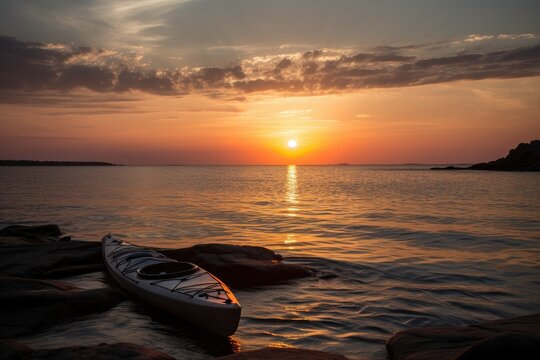 sunset over the ocean, with a kayak in the foreground, created with generative ai © primopiano