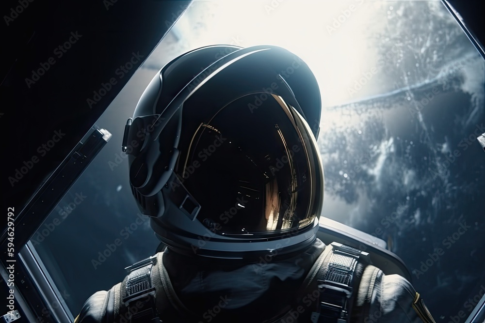 Poster astronaut, surrounded by the vastness of space, looking through the window of spaceship, created wit