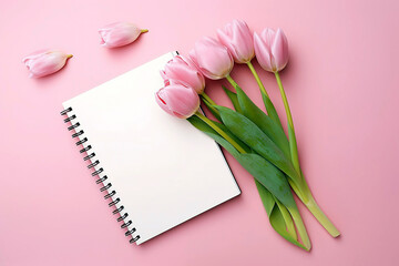 Pink tulips and a pink background with a notepad with space for text. With copy space.