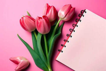 Pink tulips and a pink background with a notepad with space for text. With copy space.
