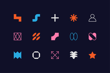 Symbols set. Abstract and basic shapes. Geometric forms. Minimalist icons. Flat vector concept. Modern signs. Isolated elements. Neo geo art.