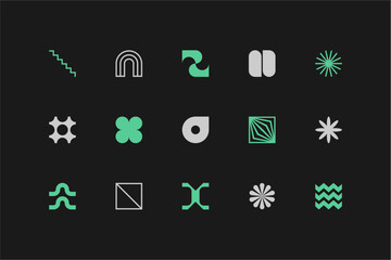 Symbols set. Abstract and basic shapes. Geometric forms. Minimalist icons. Flat vector concept. Modern signs. Isolated elements. Neo geo art.