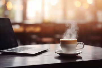 Business Laptop on Table with Coffee Cup, Blurred Background and Copy Space for Online Work