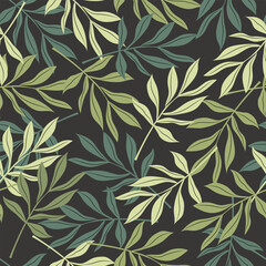 Branches with long leaves of green shades on a dark background create a beautiful seamless pattern for fashion textiles, modern fabrics. Vector