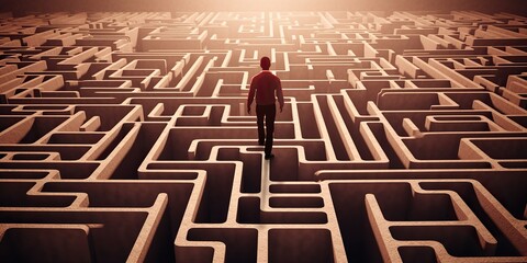 A maze with a human figure navigating through it, displayed against a challenging, problem-solving background, concept of Complexity, created with Generative AI technology