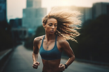 Fototapeta na wymiar Beautiful young woman athlete running in the city, Generative ai