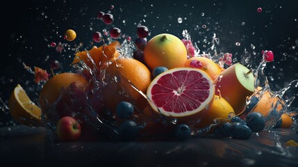 Fototapeta na wymiar Fruits explosion with water splash black background. Kiwi, orange, strawberry, grape, peach, watermelon. Generative AI