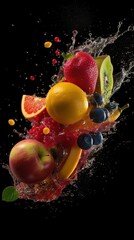 Fototapeta na wymiar Fruits explosion with water splash black background. Kiwi, orange, strawberry, grape, peach, watermelon. Generative AI
