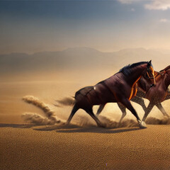 Horses run gallop in desert dust against dramatic sky.