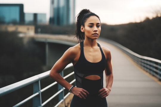 Beautiful young woman athlete running in the city, Generative ai
