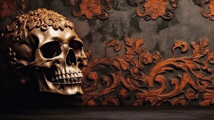 Fototapeta premium Skull Background in the Decadent Embracing Diva Style - Beautiful Skull Backdrop with empty copy space for text - Wallpaper with a stylish Skull - Created with Generative AI technology