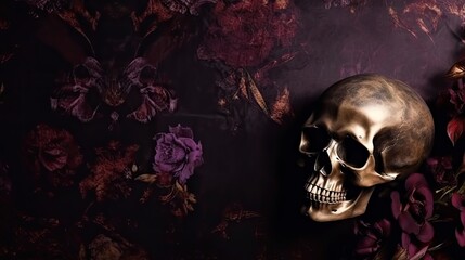Skull Background in the Decadent Embracing Diva Style - Beautiful Skull Backdrop with empty copy space for text - Wallpaper with a stylish Skull - Created with Generative AI technology