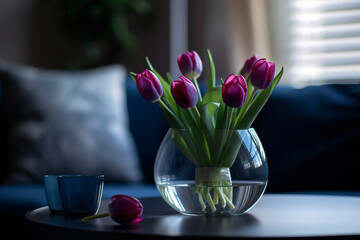 A vase with beautifully contrasting colored tulips sits on a table in a cozy living room setting.
