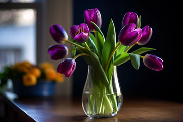 A vase with beautifully contrasting colored tulips sits on a table in a cozy living room setting.