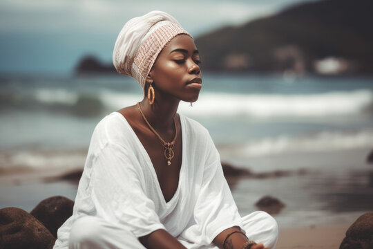 Portrait of a beautiful young black woman sitting in lotus position on the beach and meditating AI generative art