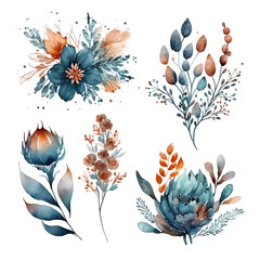 Watercolor floral elements set ilustration, collection of teal, beige and orange flowers and plants, bouquets, for wedding invitations, stationary, greetings cards - 594631319