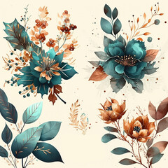 Watercolor floral elements set ilustration, collection of teal, beige and orange flowers and plants, bouquets, for wedding invitations, stationary, greetings cards - 594631363