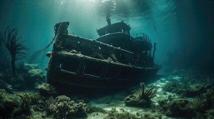 Fototapeta premium Shipwreck beneath the sea Generative AI