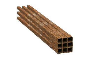 Stack of rusty steel square beams from metal stock isolated on transparent background.