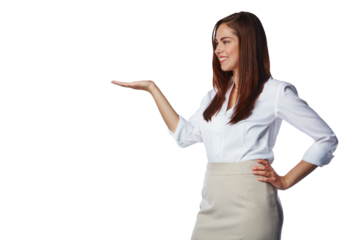 Happy woman, advertising and hands open for offer, choice and information of business opportunity. Female worker, announcement and review of deal, launch and isolated on a transparent png background