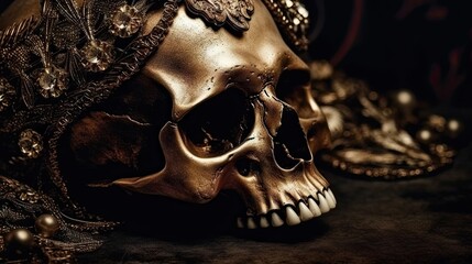 Skull Background in the Decadent Embracing Diva Style - Beautiful Skull Backdrop with empty copy space for text - Wallpaper with a stylish Skull - Created with Generative AI technology 