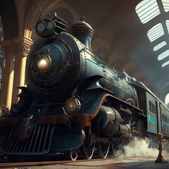 An ancient-style train in a station. Generated ai