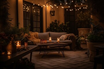 Captivating patio, plush couch, table, candles, neo-romanticism, enchanting nightscape. generative ai - obrazy, fototapety, plakaty