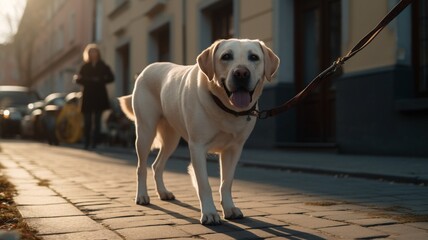 Szczęśliwy beżowy pies labrador idzie na smyczy, spacer w mieście, ulica, budynki. Wygenerowano z AI. - obrazy, fototapety, plakaty