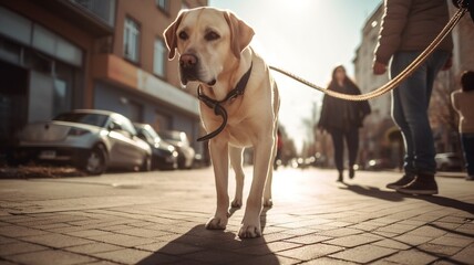 Beżowy pies labrador idzie na smyczy, spacer w mieście, ulica, ludzie, budynki. Wygenerowano AI