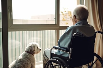 Fototapeta na wymiar An elderly man sits in a wheelchair next to his dog and looks out the window. Generative AI