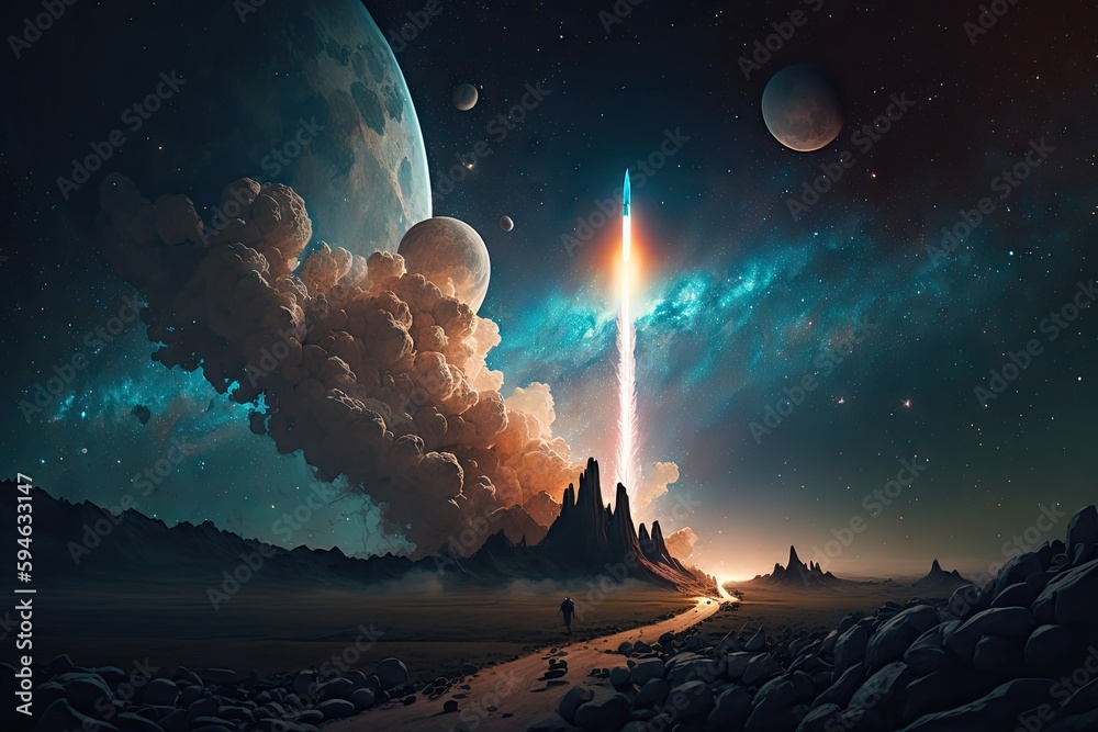 Wall mural rocket launch with view of the stars and planets in the night sky, created with generative ai