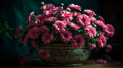 Vibrant pink flowers flourishing in a pot, displaying radiant clusters with an energetic and bold appearance.