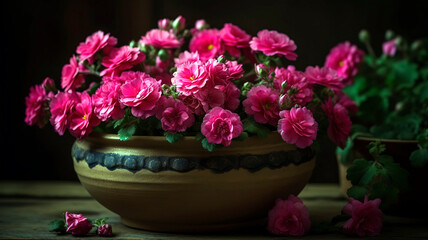 Vibrant pink flowers flourishing in a pot, displaying radiant clusters with an energetic and bold appearance.