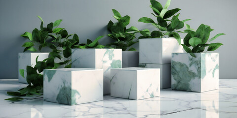 white marble cubes with green leaves