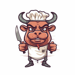 Cute cartoon wagyu chef with knife. Vector illustration on white background.